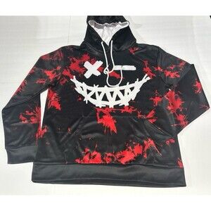 Creepy Smile Graphic Hoodie Red Black Tie Dye Sweatshirt Men's Size Small